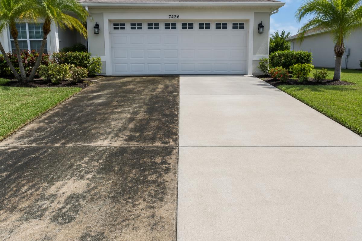 Before and after driveway cleaning in Orlando showing algae-stained concrete next to clean concrete