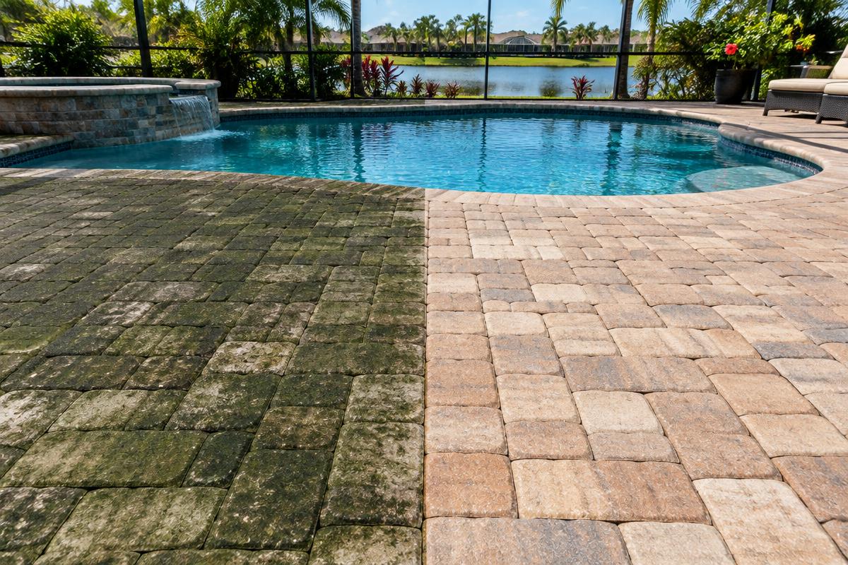 Before and after pool deck paver cleaning removing green mildew in an Orlando backyard