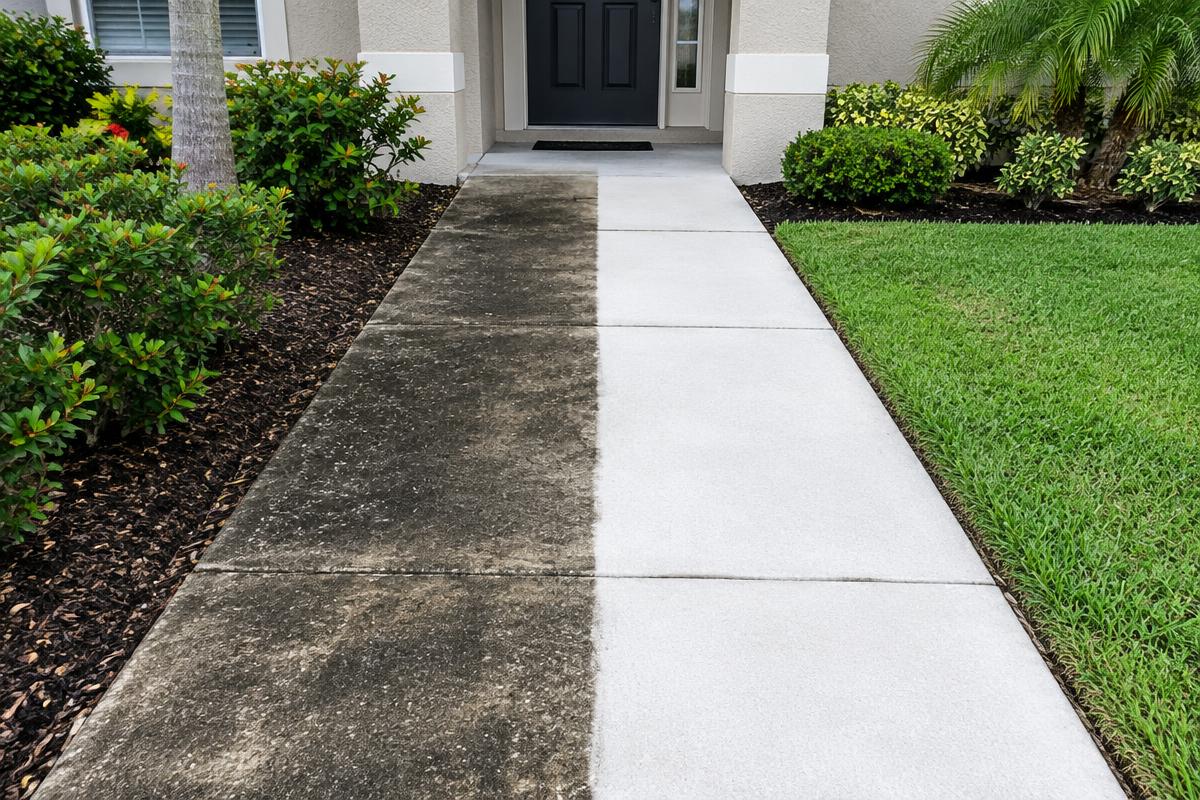 Before and after sidewalk cleaning showing a stained walkway and a bright clean walkway