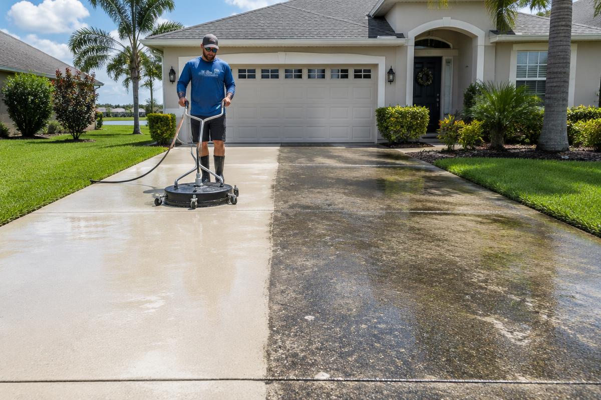 Technician cleaning a concrete driveway with a surface cleaner, half clean and half stained